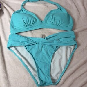 Yonique Two Piece Retro Halter Bikini Set High Waist Tummy Control Aqua Med EUC